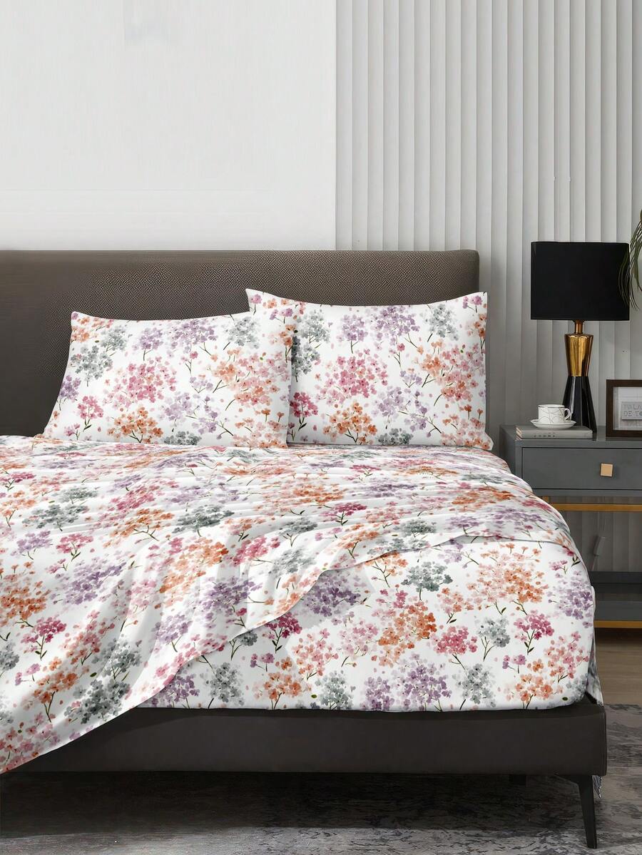 4pcs/Set Set Sprei Motif Cabang Hydrangea Gradien Putih Pink Ungu Mudah Perawatan Set Sprei Lembut (1 Sprei Datar + 1 Sprei Fitted + 2 Sarung Bantal) Sprei Fitted Cocok Untuk Kasur Ukuran King, Queen, Full, dan Twin Kedalaman Sarung Bantal 11,8 Inci Lembut, Bernapas, dan Tahan Kerut - MultiWarna - View 1