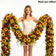 2pcs Artificial Sunflower Yellow Red Rose Vine 90.9 Inch, Easy To Hang Faux Floral Garland, Suitable For Outdoor Garden Wedding Arch Ceiling Message Wall Staircase Hotel Decoration - Multicolor - View 2