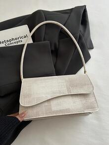 Tas Bahu Minimalis Vintage Elegan dengan Tekstur Denim Warna Polos dan Penutup Asimetris - Krem - View 7