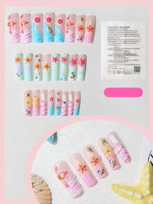 Change Your Nails 24片長款長方形海洋主題穿戴式假指甲，粉藍漸層3D海星與海豚美甲，夏日度假風，適合女孩日常/海邊/音樂節，附指甲銼刀+果凍膠組 - 彩色 - 查看 6