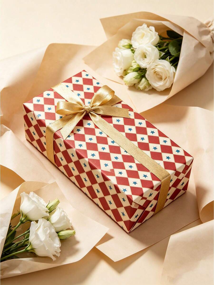 1 Roll Of Vintage Red Diamond-Patterned Wrapping Paper, 300 X 43 Cm, With Red Star Accents-For Birthdays, Christmas, Weddings, And Gift Wrapping-Atmospheric Decorative Wrapping Paper - Packaging Paper - View 1