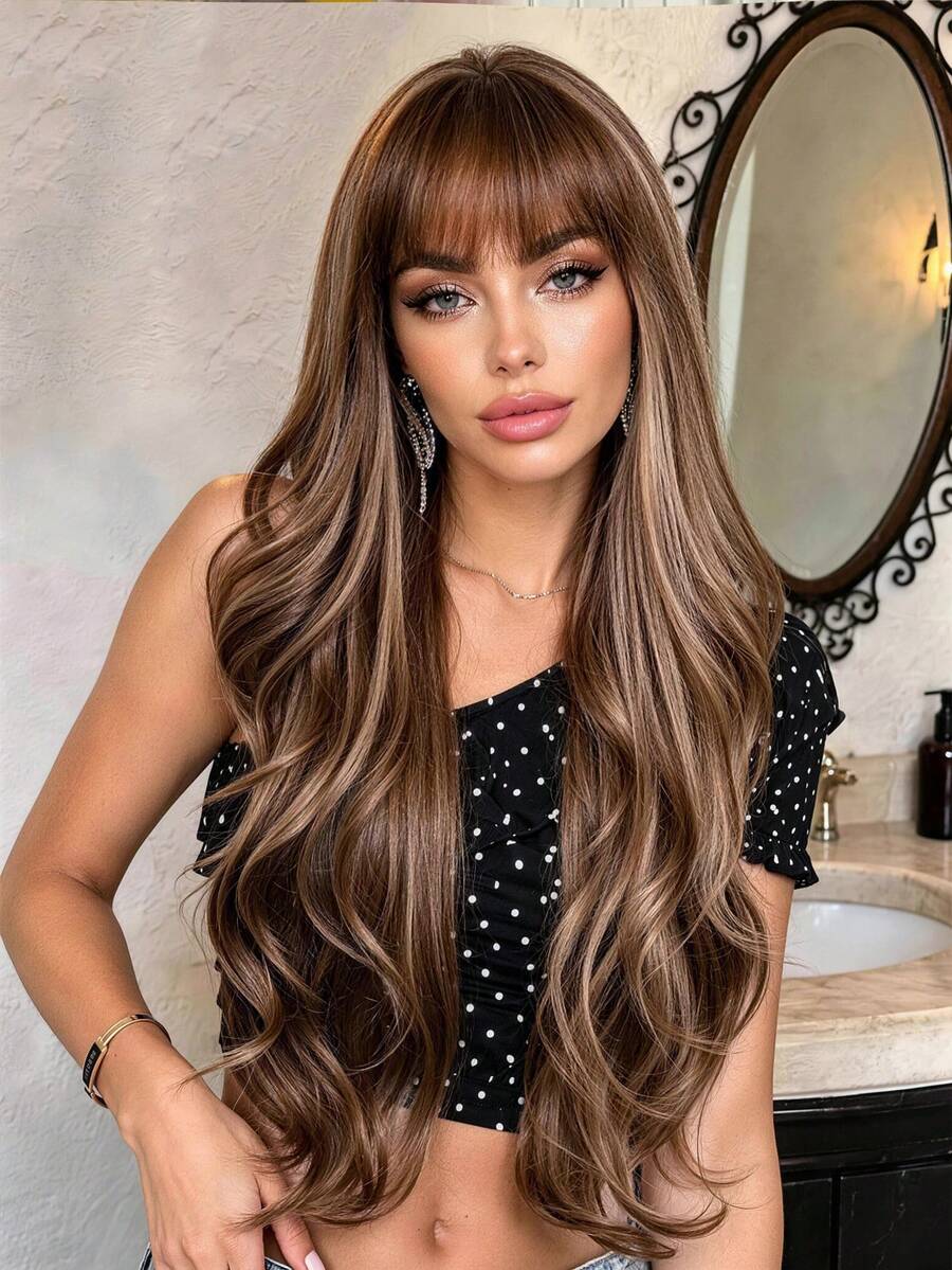 Perruque synthétique brune ondulée longue de 26 pouces avec frange, cheveux bouclés naturels résistants à la chaleur pour femmes, convient pour le port quotidien et les fêtes - Tabac - Voir 1
