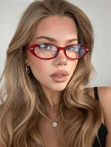 1 Montura de Gafas Ovalada Estilo Ojo de Gato de Tamaño Pequeño, Gafas Transparentes, Adecuadas para Uso Diario, Lectura, Escritura, Desplazamientos, Viajes de Vacaciones, Playa - Rojo - Ver 1