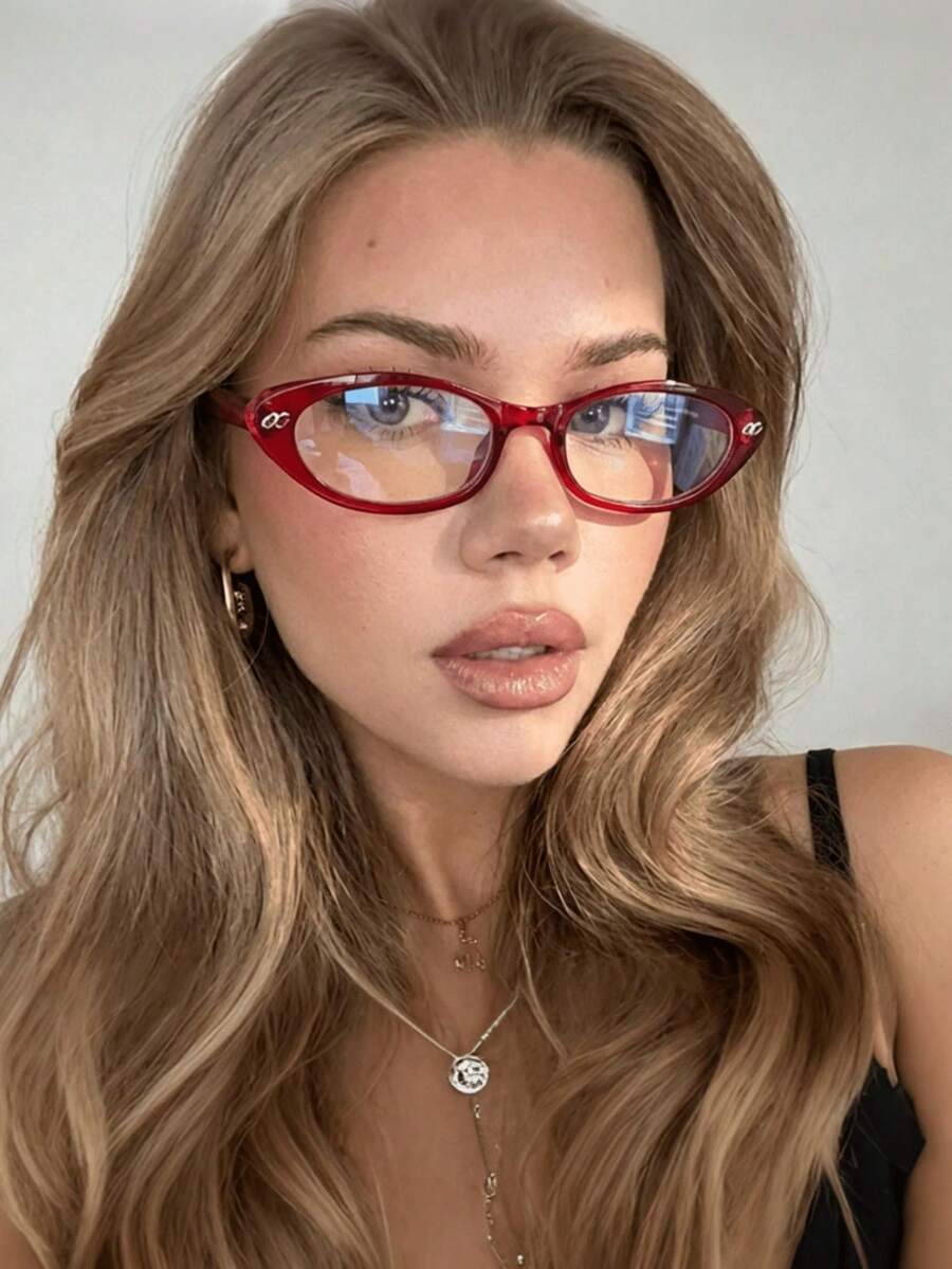 1 Montura de Gafas Ovalada Estilo Ojo de Gato de Tamaño Pequeño, Gafas Transparentes, Adecuadas para Uso Diario, Lectura, Escritura, Desplazamientos, Viajes de Vacaciones, Playa - Rojo - Ver 1