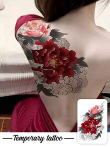 1 pieza Pegatina de tatuaje floral de peonía roja con diseño de bordado, patrón de tatuaje simulado, adecuado para viajes, festivales de música, juegos, regalos de graduación, dura de 3 a 5 días - Multicolor - Ver 1