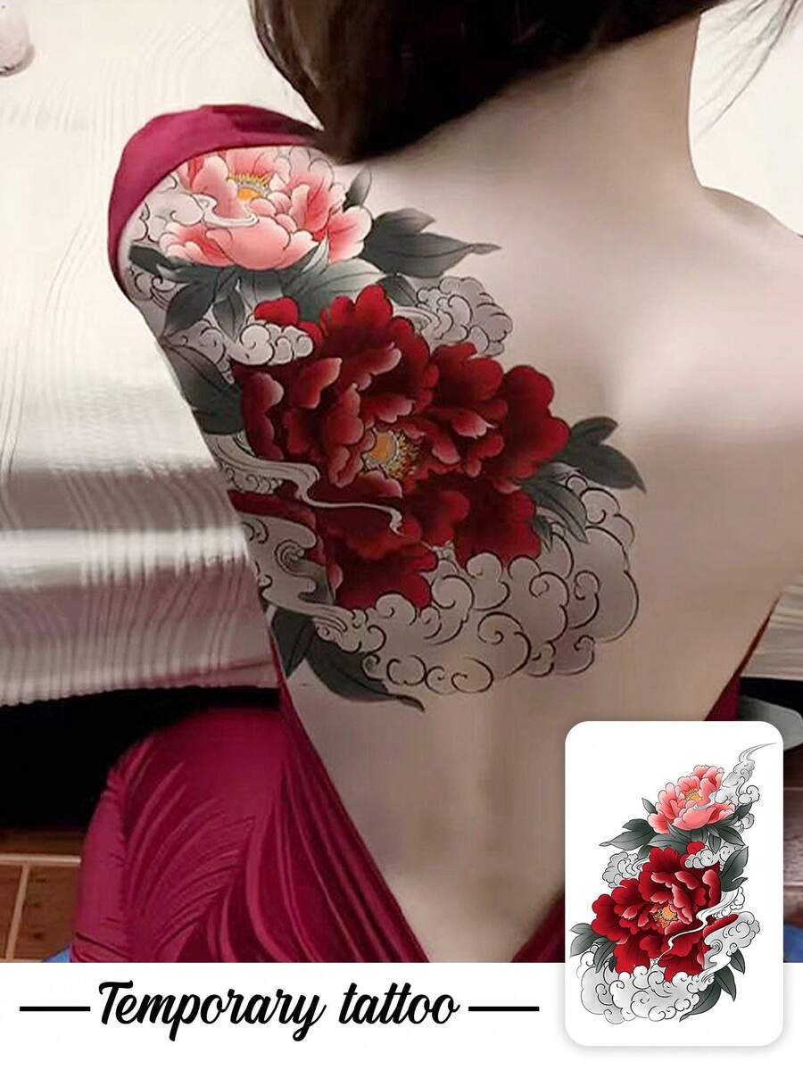 1 pieza Pegatina de tatuaje floral de peonía roja con diseño de bordado, patrón de tatuaje simulado, adecuado para viajes, festivales de música, juegos, regalos de graduación, dura de 3 a 5 días - Multicolor - Ver 1