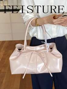 FEISTURE 1pc Solid Color Strap Shoulder Bag, Fashionable Handheld Bowknot Tote Bag, Suitable For Girls, Women, College Students, New Employees And White-Collar Workers, Perfect For Work, Business, Commute, School - Pink - View 4