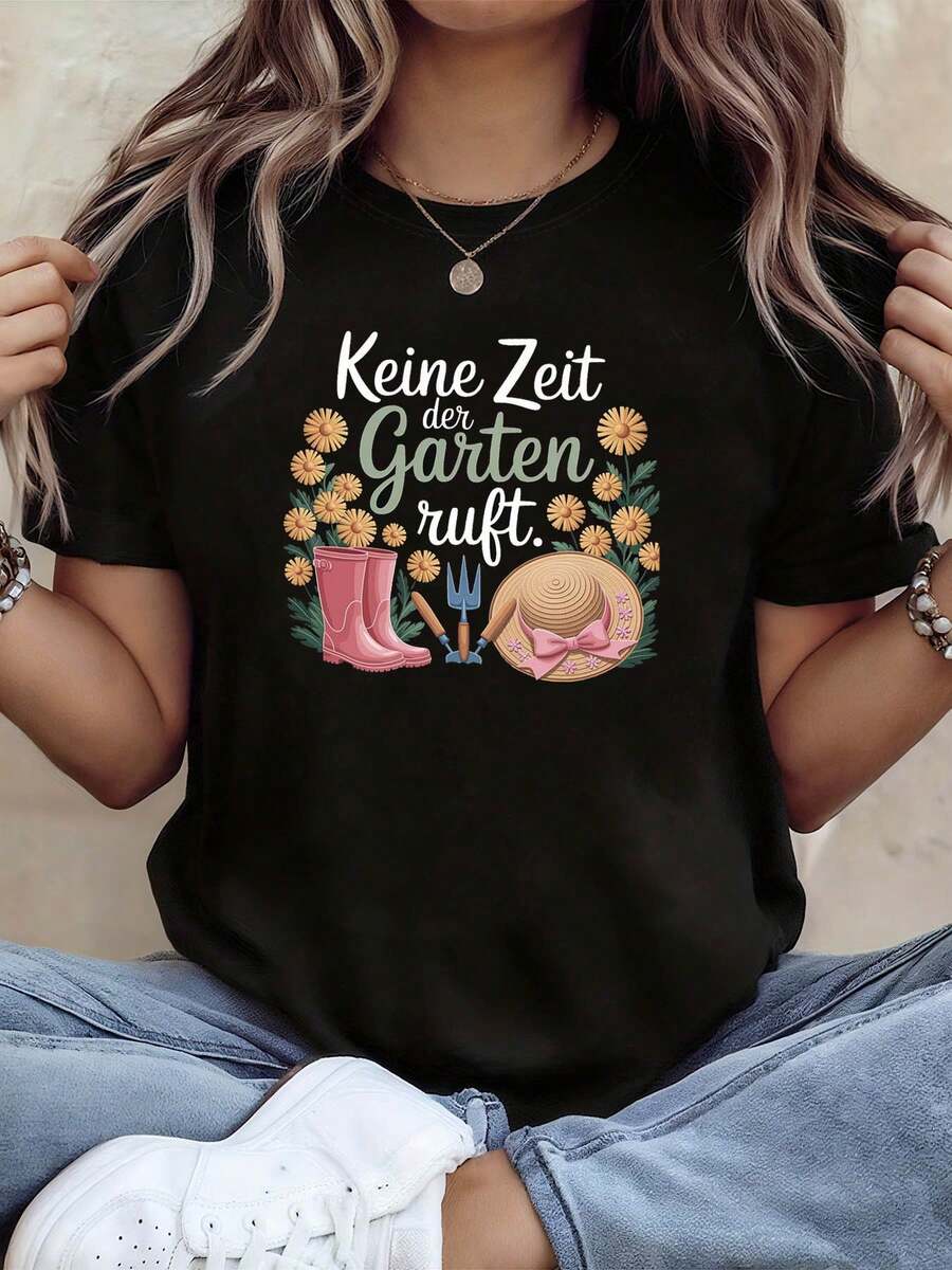 Women's Round Neck T-Shirt With "No Time The Garden Is Calling Daisy" Gardening Theme Print, Daisy Hat And Boots Pattern Decoration, Casual Short Sleeve Top - 黑色 - 查看 1