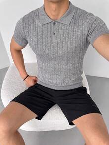 ZYNTH BALENO Men's Summer Fashion Cable Knit Slim Fit Regular Shoulder POLO Collar Short Sleeve Sweater, Suitable For Outdoor Sports, Gym Workouts - Light Grey - View 5