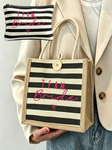 Conjunto de bolso tote y bolso de maquillaje con estampado nupcial - Bolso de hombro mini a rayas negras y blancas - Bolso de almacenamiento de artículos pequeños - Bolso de mano para vacaciones - Bolso de regalo para damas de honor - Perfecto para vacaciones en la playa, natación, compras, fiesta de boda y desplazamiento diario - Regalo perfecto para amigos y familiares - Multicolor - View 11