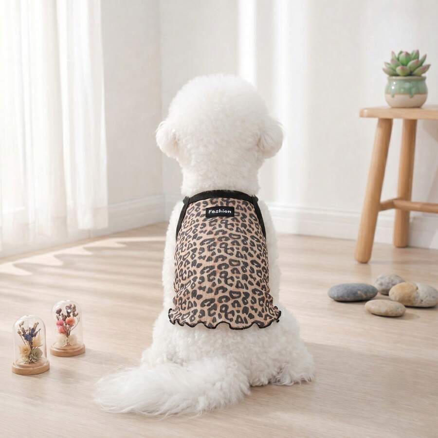 Leopard Print Tank Top, Summer Thin Breathable Puppy Clothes, Bichon French Ruffle Edge Camisole Two-Legged Pet Outfit Suitable For Medium And Small Dogs - Brown - View 1