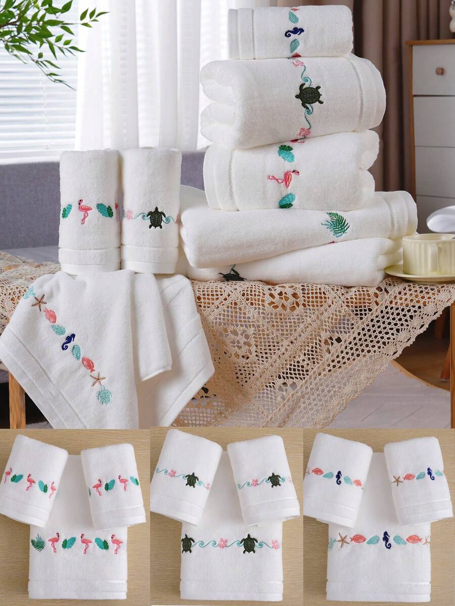 QIBHI 1/3件 精緻刺繡海龜 100%純棉浴巾或浴室毛巾,純棉毛圈布,居家洗浴吸水 夏季海灘風火烈鳥田園度假風 海灘假期旅行 浴室裝飾 - 彩色 - 查看 1