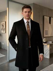 Men's Stand Collar Double Pocket Single-Breasted Coat - Black - View 1