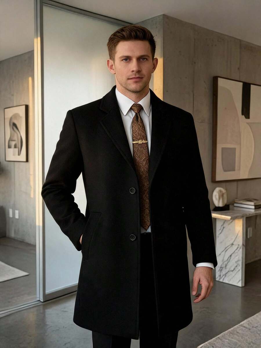 Men's Stand Collar Double Pocket Single-Breasted Coat - Black - View 1