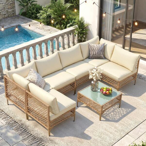 7 Piece Patio Furniture Set, Outdoor Wicker Modular Sectional Patio Conversation Set With Thicker Cushion & Tempered Glass Coffee Table For Backyard, Poolside, Porch