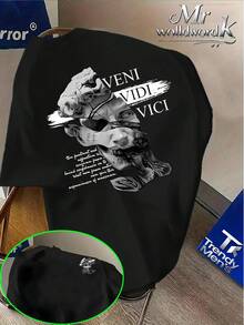Estampado de retazos de una estatua rota de David combinado con la inscripción VENI VIDI, estampado doble en la parte delantera y trasera, camiseta de manga corta estilo casual urbano a - Blanco - Ver 6