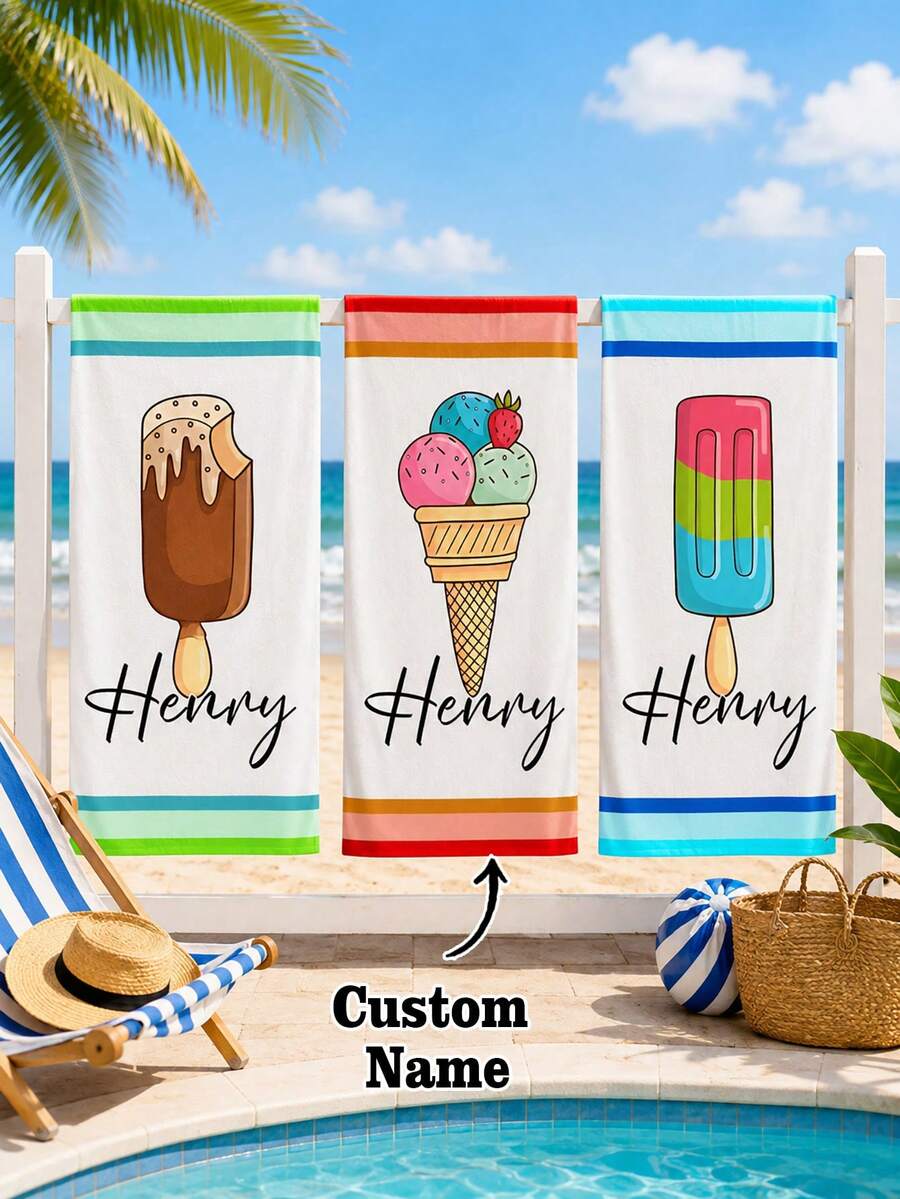 1pc Personalized Children's Beach Towel With Customizable Name, Perfect Summer Birthday Gift, Suitable For Various Summer Occasions. Beach Towel And Accessories, Ideal For Beach, Swimming Pool, Travel, Camping, Yoga And More. - Multicolor - View 1