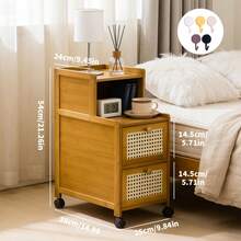 New Narrow Bamboo Bedside Table With Drawers, Modern Minimalist Style Small Bedside Cabinet On Wheels | Suitable For Storage In Small Bedroom Spaces | Sturdy Multifunctional Movable Side Table For Bedroom/Study/Living Room - Wood - View 2