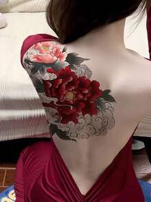 1 pieza Pegatina de tatuaje floral de peonía roja con diseño de bordado, patrón de tatuaje simulado, adecuado para viajes, festivales de música, juegos, regalos de graduación, dura de 3 a 5 días - Multicolor - Ver 3