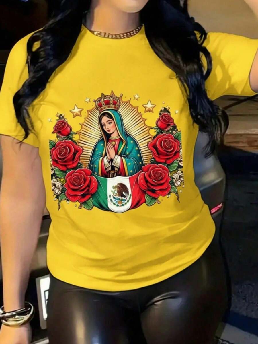 Camiseta de moda popular para mujer 2026, camiseta moderna para mujer 2026, camiseta estampada para damas, manga corta, cuello redondo, básica, cómoda, fresca, ligera, estampado mexicano, vi - Amarillo - Ver 1