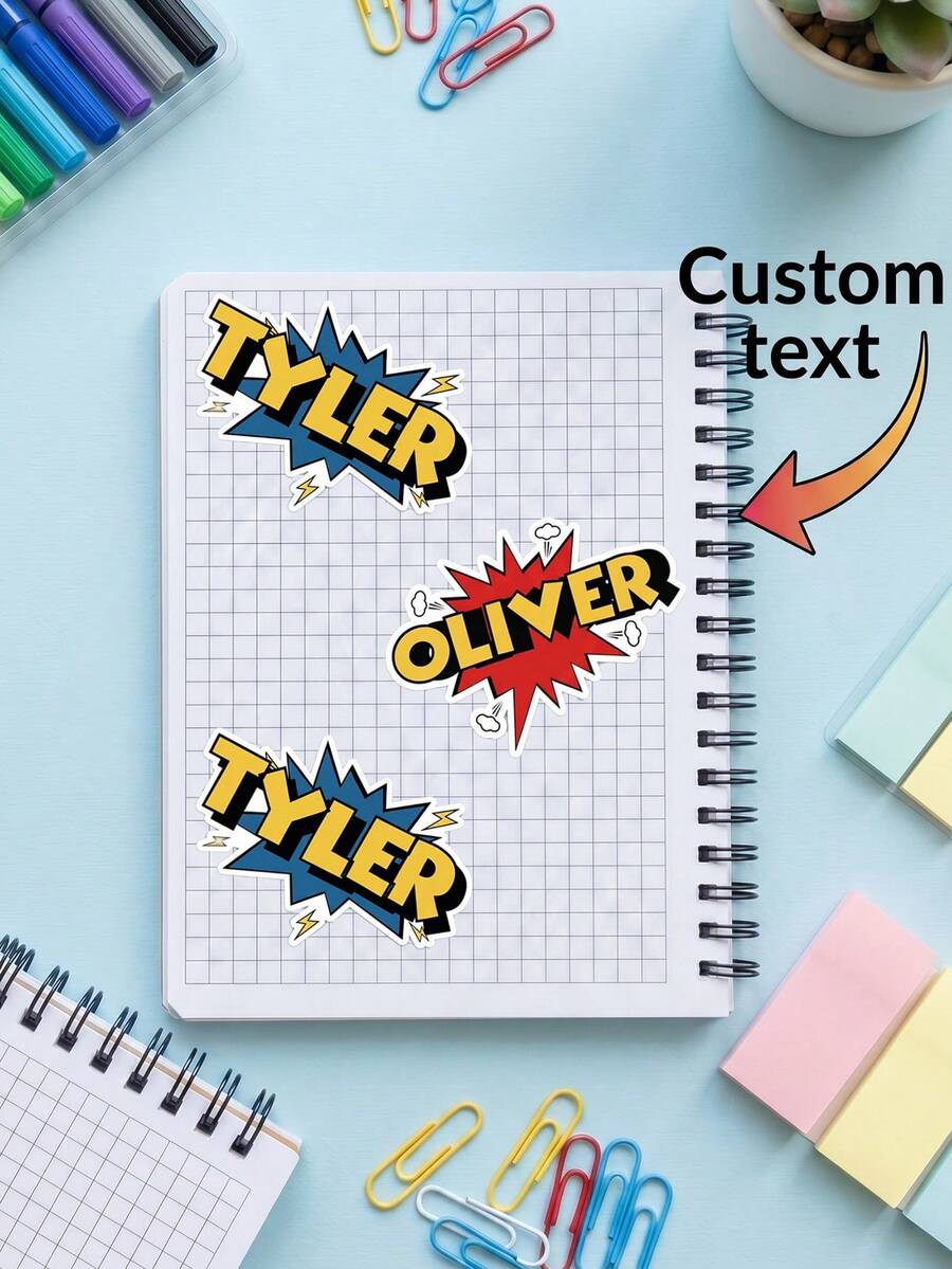 6/13/28pcs Custom Text Comic Stickers, Personalized Superhero Style Decals, Back To School Labels For Water Bottles, Stationery, Laptop, Office Supplies - Multicolor - View 1