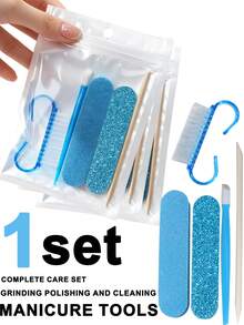 Blue Beginner Nail Buffing & Cuticle Removal Tool Set, Easily Complete Manicure, Buffing, Cleaning Process, Suitable For Sweet Girls, Students, Nail Enthusiasts, Home Manicure, Travel Carry, Tool Accessories, Nail Auxiliary Tools, Cuticle Care Tools - Blue - View 9