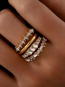 4 piezas/Set Anillos apilables elegantes, incrustados con circonita cúbica brillante en forma de gota de agua y símbolos rectangulares, que simbolizan el romance y la nobleza, adecuados para uso diario - Dorado - Ver 5