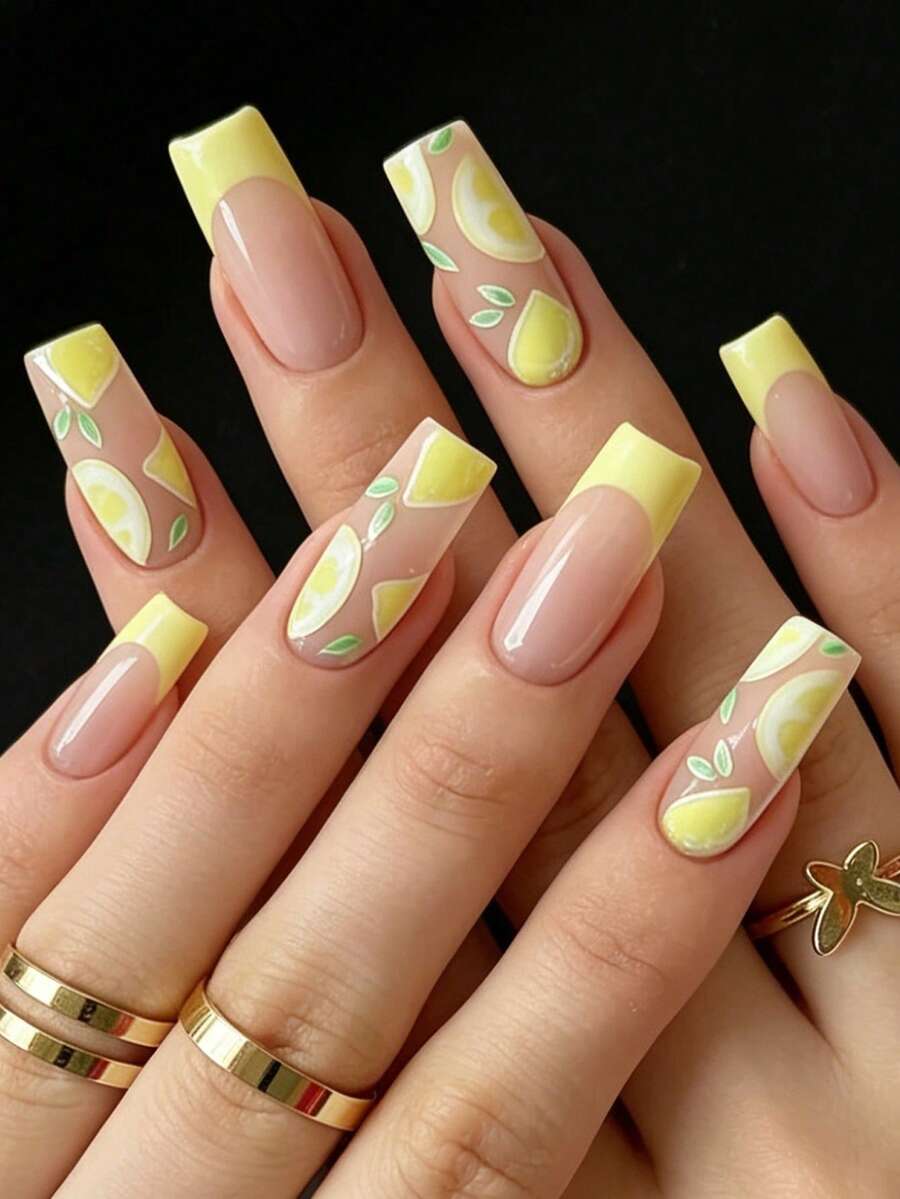 Show Your Beauty 24片夏季中長水管甲美甲貼片 經典優雅奶油黃法式檸檬條紋葉片亮面亮澤提亮膚色 時尚百搭穿戴甲 適合約會派對 春夏秋冬女性女孩日常佩戴 可拆卸式 附果凍膠與指甲銼條 易佩戴耐用 果凍膠隨機發貨 - 黃色 - 查看 1