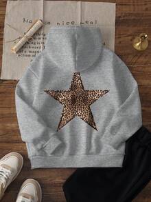Tween Girl Casual Printed Sweatshirt, Suitable For Girls And Children, Essential For Students In Autumn And Winter, Suitable For Young Children, Long Sleeve Thermal Lined Thickened Style, Leopard Print Star Pattern, Designed Specifically For Dreamers Chasing The Starlight! - Grey - View 3