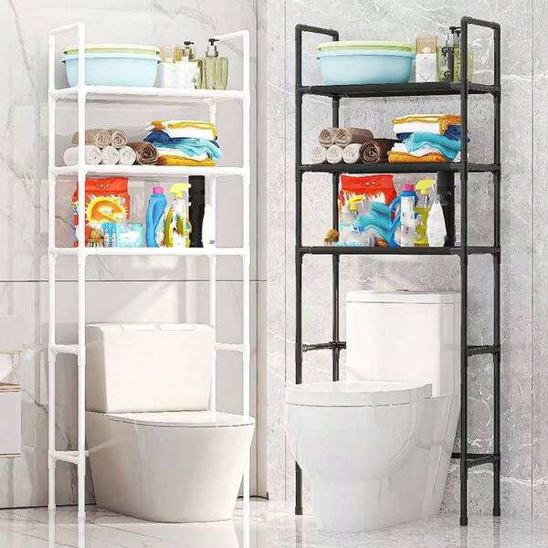 Estantería de almacenamiento de tres niveles sobre el inodoro, estantería de baño de metal independiente, estantería de almacenamiento sobre el inodoro con portarrollos, para almacenamiento de baño, negro. Blanco