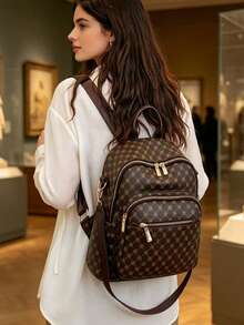 Large Capacity Backpack For Women, Classic Solid Color Handbag For Ladies - Brown - View 3