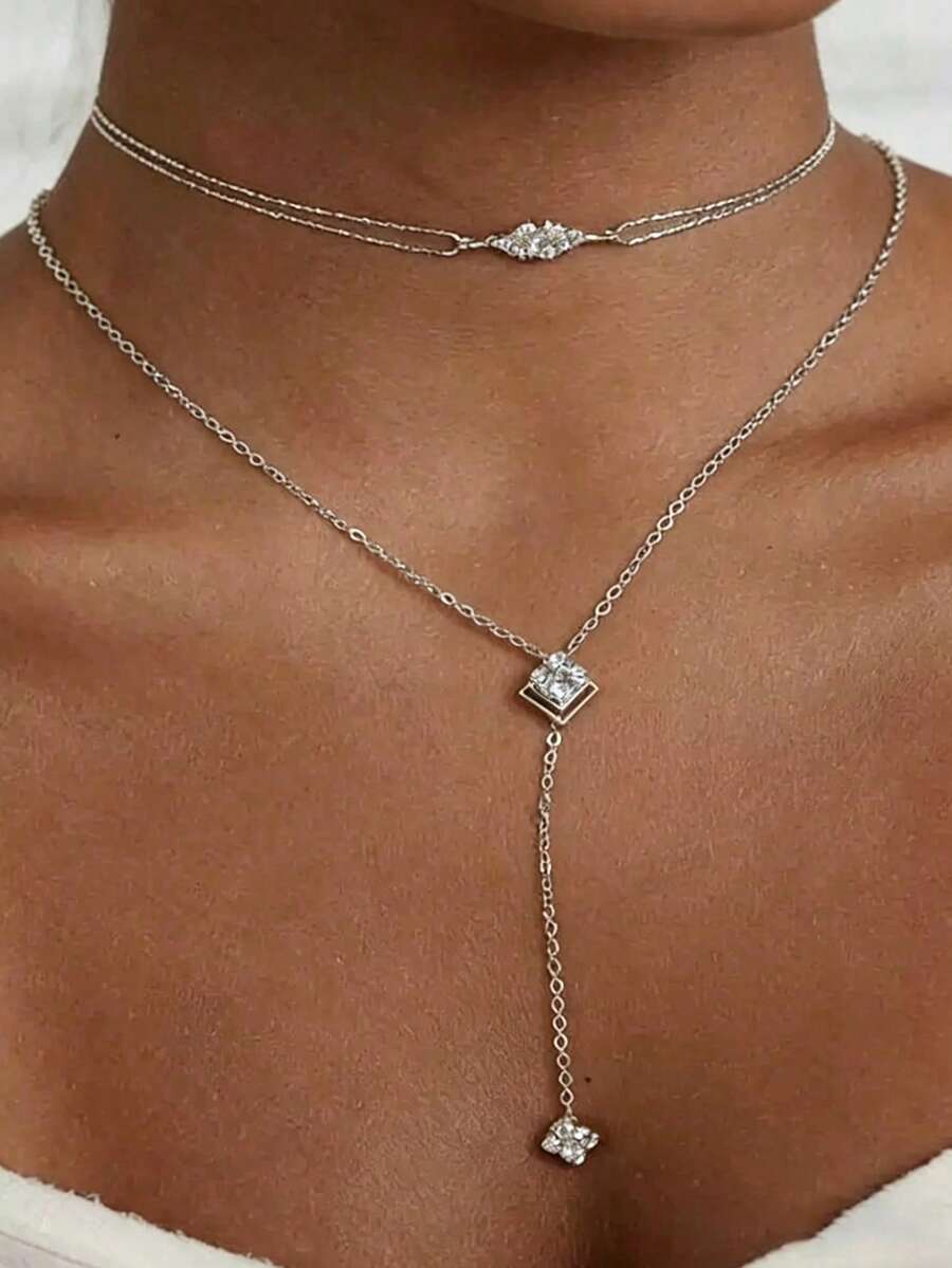 2pcs European And American Popular Geometric Necklace Niche Design Rhinestone Collarbone Chain Fashion Versatile Accessory - Silver - View 1