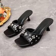Sandalias de tacón alto para mujer, sandalias de tacón de aguja con strass de colores, zapatos para fiestas & citas nocturnas al aire libre - Negro - Ver 3