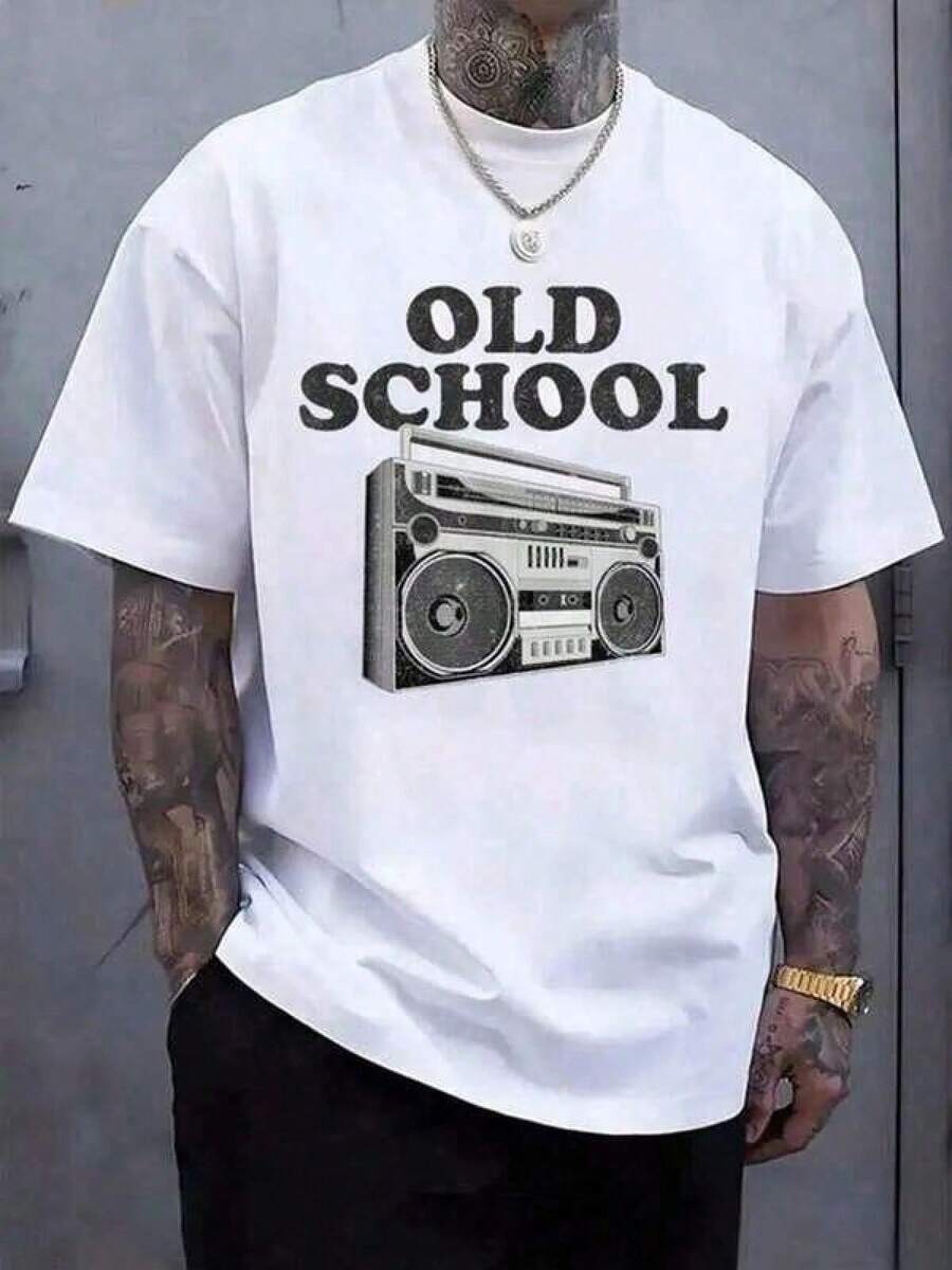 T Shirt Print ,Gráfico-Algodón Tees Size Plus, Cartoon Round Neck Short Sleeve, Old School Boom Box Retro 80S Rap playeras de hombre - Blanco - Ver 1