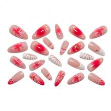 24Pcs Medium Almond Press-On Nails, Pink Gradient Base With 3D Flower, Seashell & Starfish Accents, Cute Summer Beach Wearable Nail Kit For Women, Reusable - Multicolor - View 4