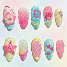 24pcs Summer Press On Nails Medium Almond Fake Nails With 3D Flower Starfish Designs Summer Beach False Nails Pearl Glue On Nails Handmade Full Cover Acrylic Nails Stick On Nails For Women - Hoa sao biển - Xem 2