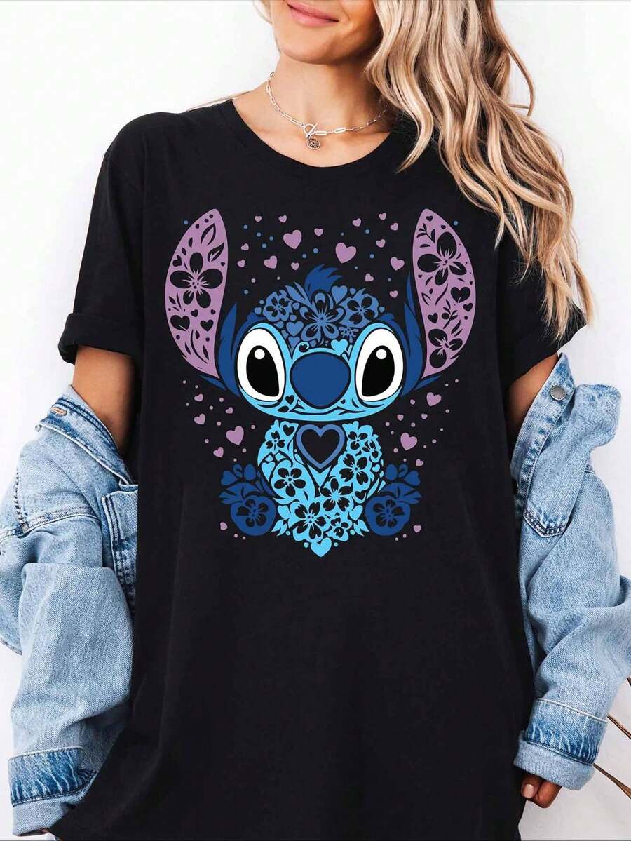 Disney Lilo & Stitch T-Shirt, Floral Stitch Graphic Tee, Cute Cartoon Character Print Casual Top For Vacation Trip - 黑色 - 查看 1