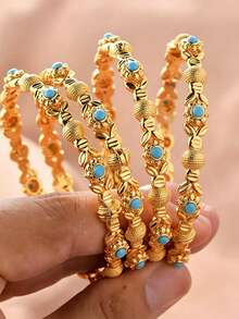 1/4pcs Turquoise Inlaid Vintage Stackable Bangle Bracelet, Dubai Style Jewelry For Women Wedding Party - Yellow Gold - View 1