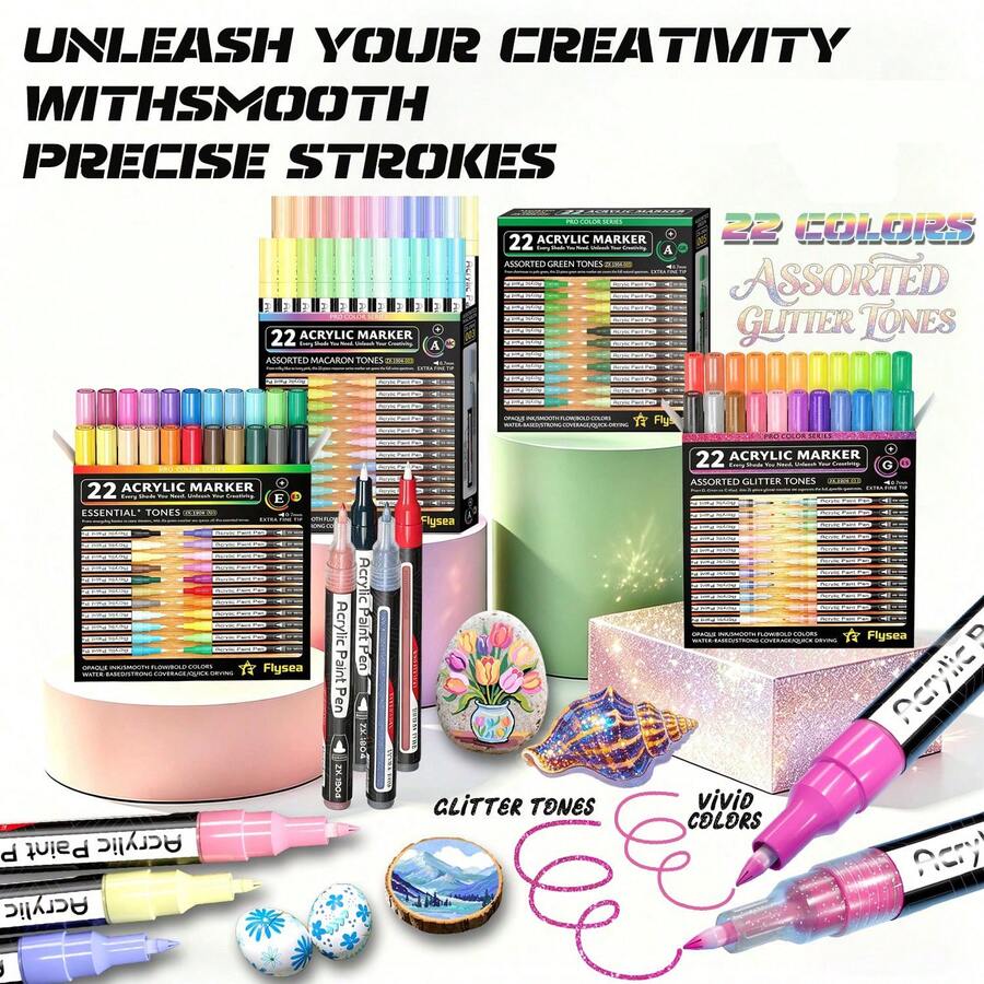 22 Colores Marcadores Acrílicos, Juego de Marcadores Coloridos, Secado Rápido, Resistente a la Decoloración, Perfecto para Pintura, Ilustración, Artesanía - Multicolor - Ver 1