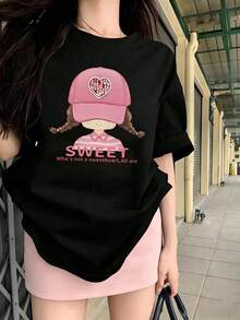 Women's 100% Cotton Short-Sleeved T-Shirt, Black, Cotton, Character Print, American Casual, Street Style, Y2K, Pink, Loose Fit, Korean Fashion, Summer, Domestic Shipping. Women's Clothing, New Summer Styles, High-Price Short-Sleeved Summer Clothes For Women, Spring Clothes. - Black - View 2