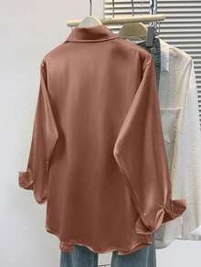 Plus Size Elegant Long Sleeve Shirt, Button Detail Design, Shirt Collar, Regular Length, Spring/Summer - Coral Pink - View 2