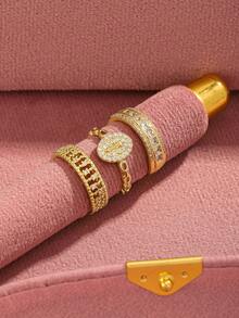 1/3pcs Elegant Fashion 18k Gold Plated Round Cubic Zirconia Open Adjustable Women's Ring Set Suitable For Daily/Date/Party Wear - Gold - View 5