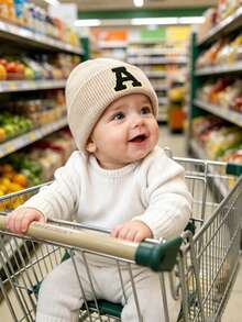 1 pieza Gorro de punto con letras A-Z para niños, gorro de punto de unicolor y cálido, adecuado para recién nacidos en el hospital, bebés, niños pequeños, niños y niñas, perfecto para uso al aire libre y diario - Beis - Ver 2