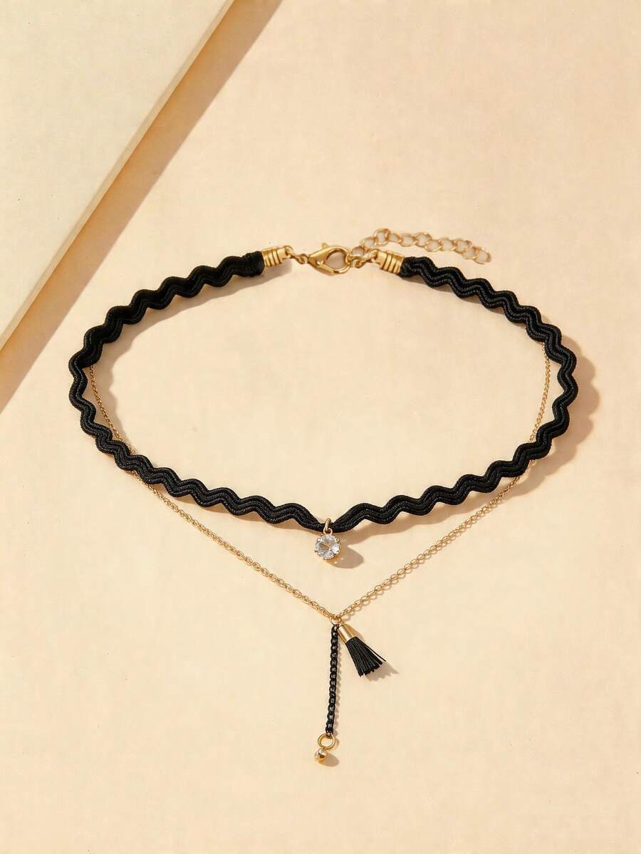 1pc Women's Fashion Vintage Personalized Wave Rope Gold-Plated Chain Rhinestone Double Layer Necklace Choker - Multicolor - View 1