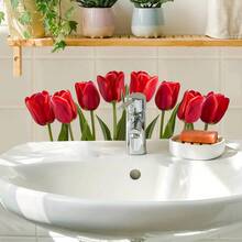 1pc Luxury Red Tulip Wall Sticker, Realistic Floral Design Bathroom Background Wall Creative Self-Adhesive Wall Decal - Multicolor - View 1