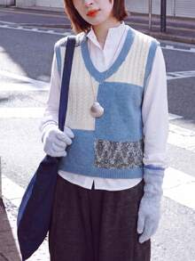 Alicedudu Women's Autumn Japanese Style Colorblock V-Neck Pullover Sweater Vest, Wool Blend Fall - Blue - View 6