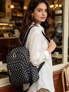 Mochila de gran capacidad para mujeres, bolso clásico de unicolor para damas - Blanco y Negro - Ver 3