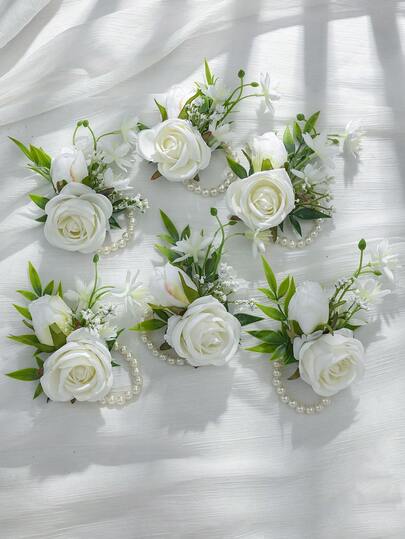 1pc/6pcs Women's Wrist Corsage Bridal Bridesmaid Wedding Wrist Flower White Rose Decor Wrist Flower Bridal Party Hand Accessory Wrist Brooch Cocktail Party Prom Daily Bracelet Accessory