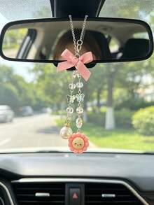 Cute Sunflower Car Rearview Mirror Hanging Ornament, Pink Bow Crystal Chain Car Decor, Adorable Car Decoration Gift - Sun Pearl Bow - View 5