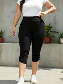 Plus Size Women's Solid Color Side Round Patchwork Tight Yoga Sports Capri Pants, Summer - Black - View 7